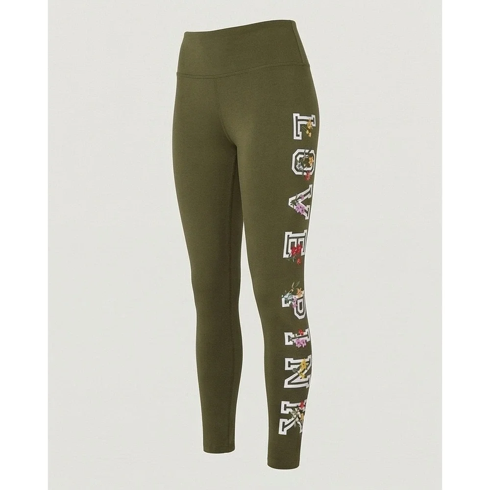 PINK‎ Victoria's Secret Olive Green Floral Logo Leggings L Athleisure
